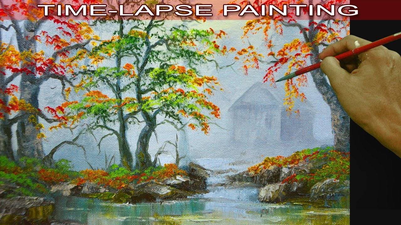 Oil Painting in Time Lapse Barn in Misty Autumn Forest with River Using Palette Knife by JM Lisondra