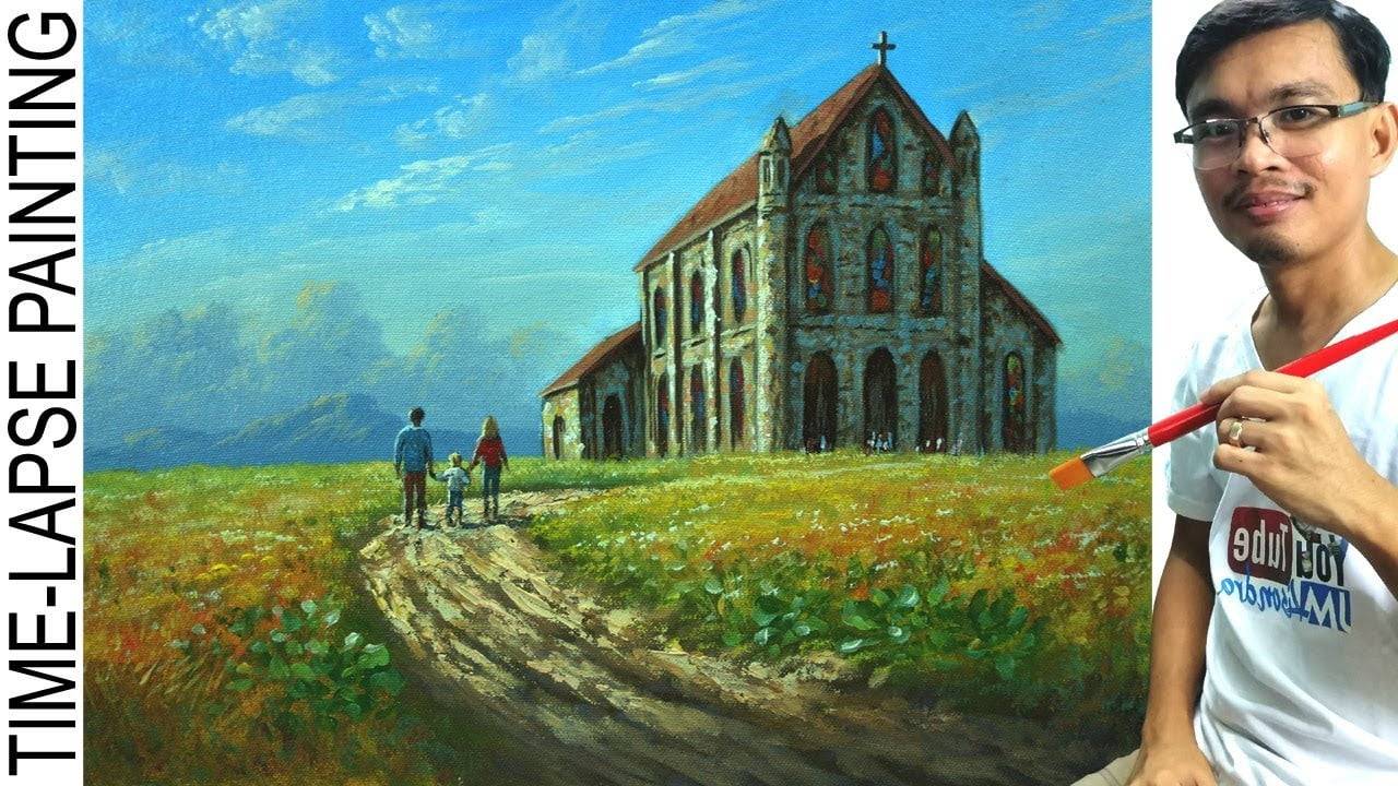 Old Country Church on Dirt Road | Acrylic Painting Tutorial in Time Lapse by JM Lisondra