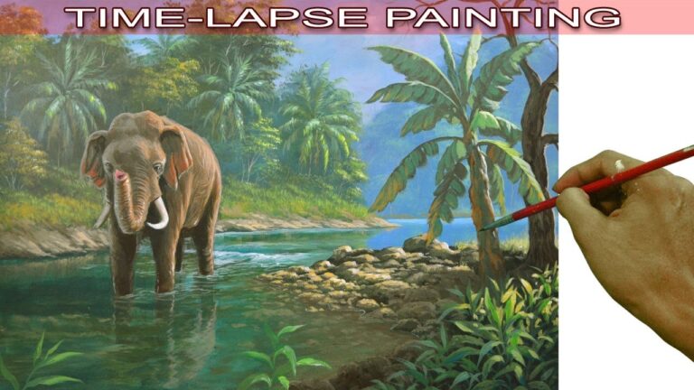 Painting Tutorial in Time Lapse Tropical Landscape with Elephant in the River by JM Lisondra