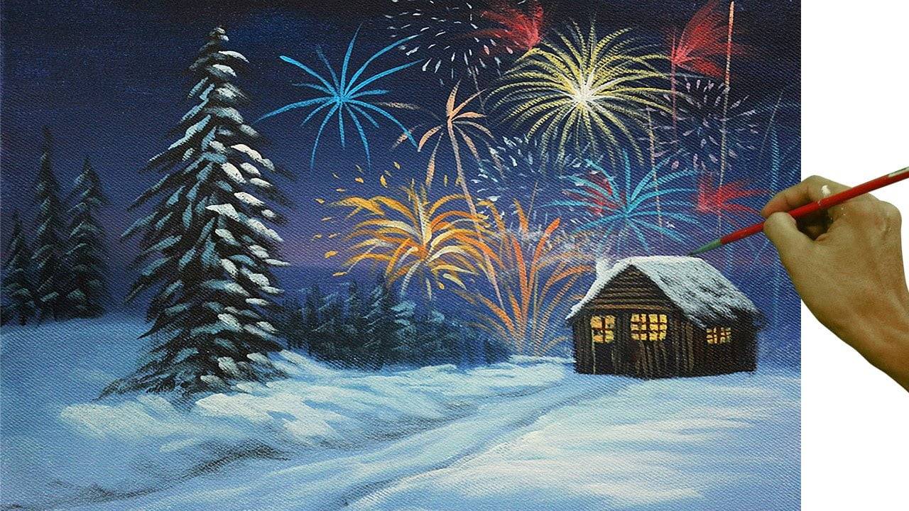 STEP BY STEP Basic Acrylic Painting Tutorial | Fireworks on Winter Christmas Eve with Barn