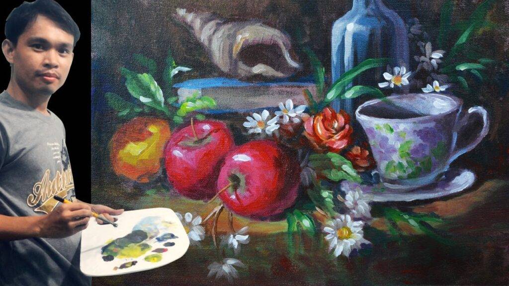Still Life Painting with Apples and Coffee Mug Basic Impressionist Acrylic Tutorial by JM Lisondra