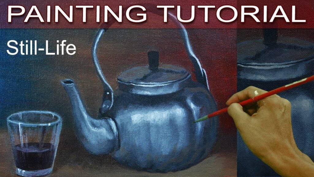 Still Life with a Silver Teapot and Glass Cup in Real Time Acrylic Painting Tutorial by JM Lisondra