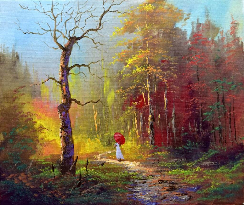 Lady Walking in the Forest - Acrylic Painting in Canvas by JMLisondra