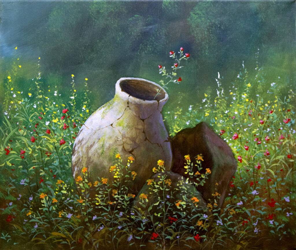 Broken Jar in the Garden - Acrylic Painting on Canvas by JMLisondra