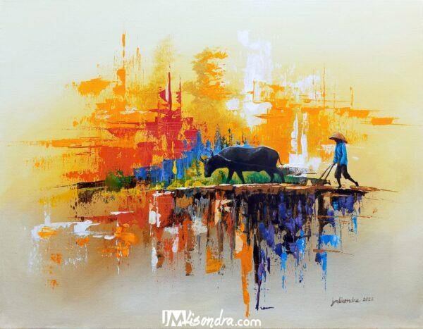 Farmer with Carabao - Acrylic painting on canvas