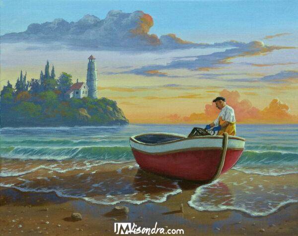 Fisherman on Red Boat - Acrylic Painting