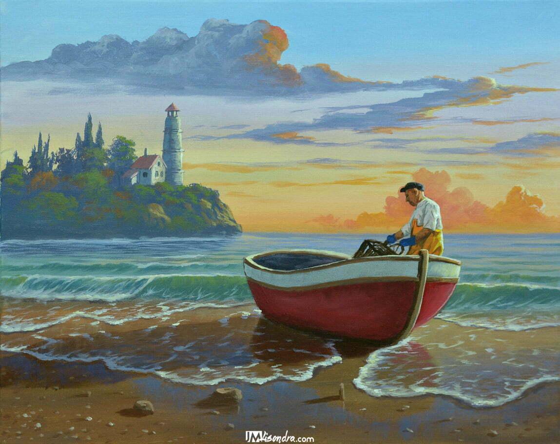 Fisherman on Red Boat - Acrylic Painting 1 Fisherman on Red Boat - Acrylic Painting