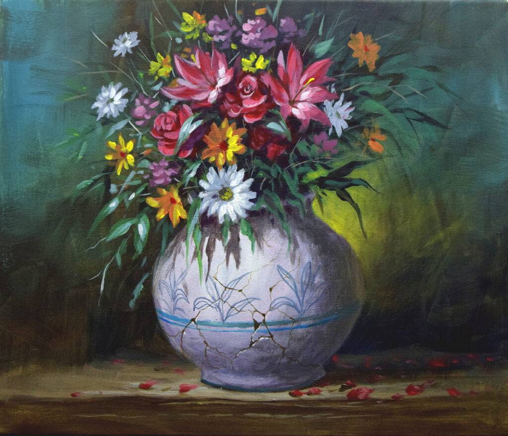 Flowers in the Broke Vase - Acrylic Painting in Canvas by JMLisondra