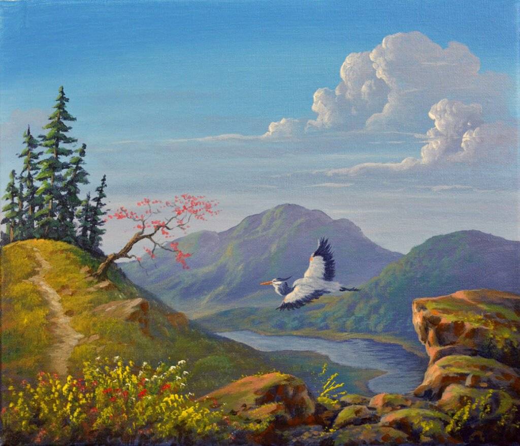 Flying Heron - Acrylic Painting