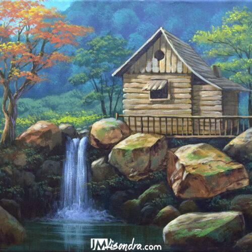 House with Waterfall - Acrylic Painting on Canvas