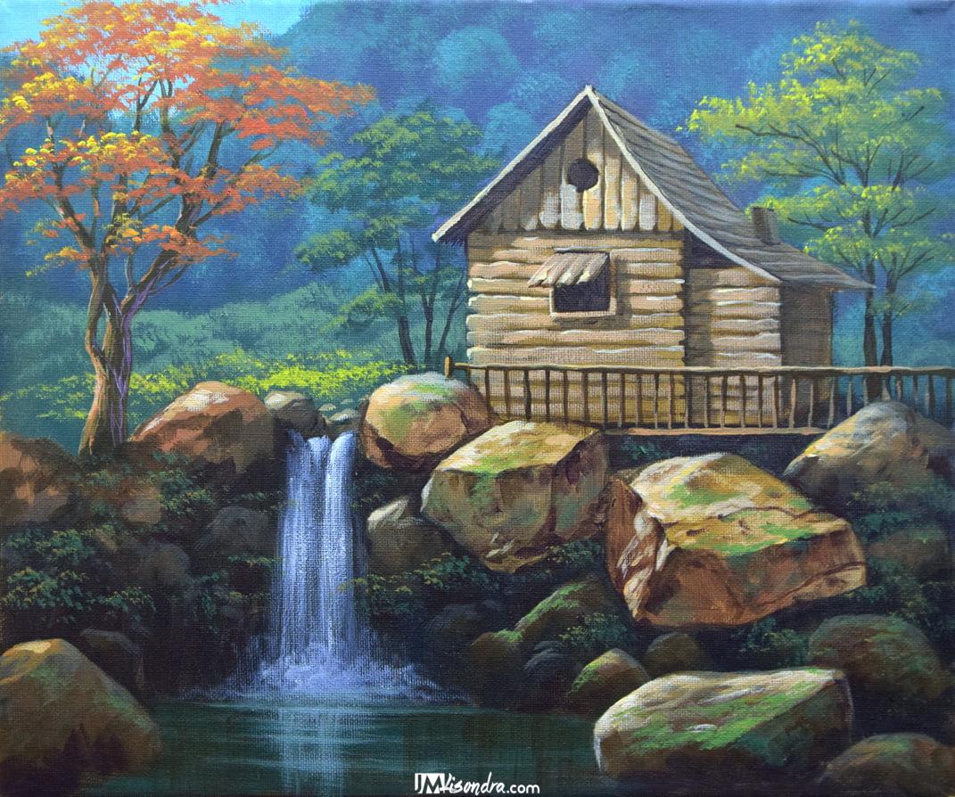 House with Waterfall - Acrylic Painting on Canvas 1 House with Waterfall - Acrylic Painting on Canvas