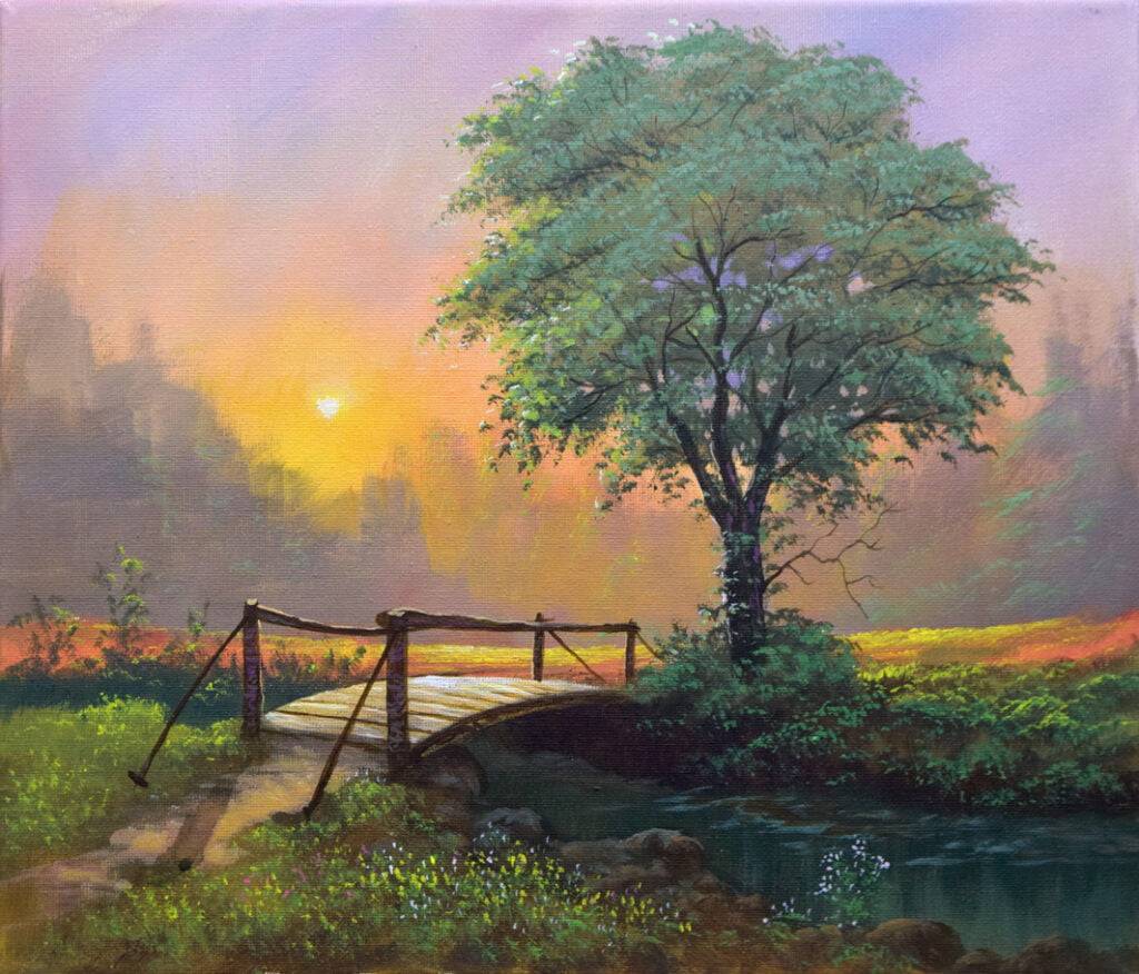 Misty Sunrise on the Bridge - Acrylic Painting on Canvas