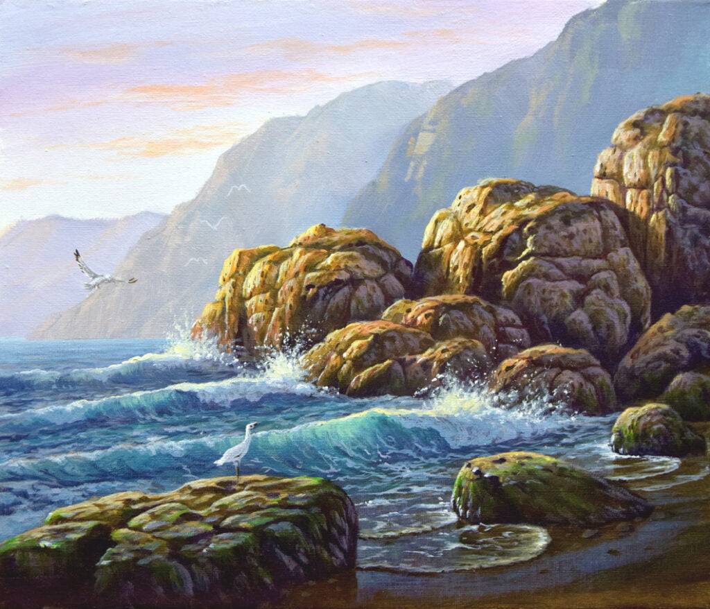 Rocky Beach and Crashing Waves - Acrylic Painting on Canvas