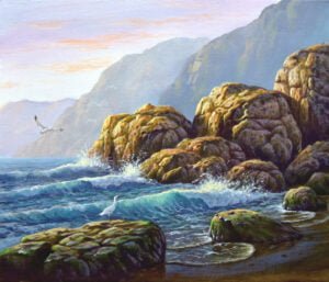 Rocky Beach and Crashing Waves – Acrylic Painting on Canvas