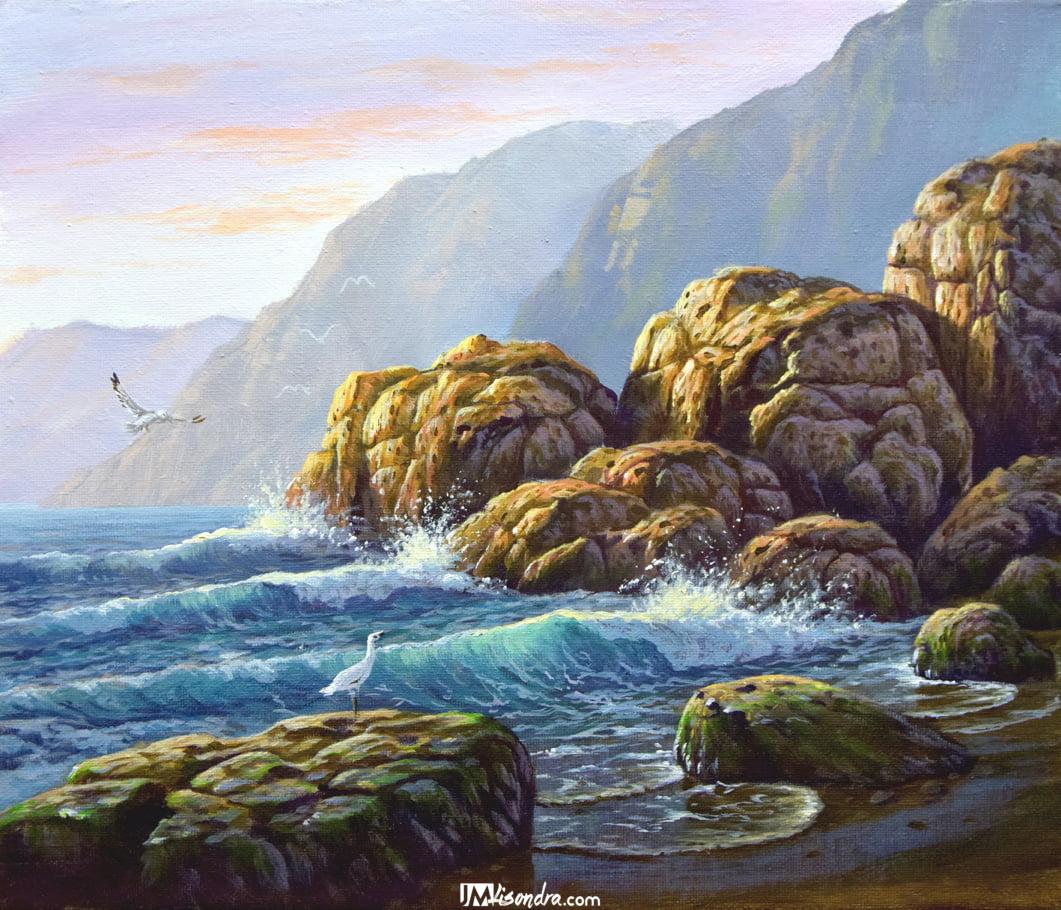 Rocky Beach and Crashing Waves - Acrylic Painting on Canvas 1 Rocky Beach and Crashing Waves - Acrylic Painting on Canvas