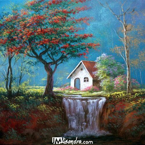 House in the Forest with Waterfalls - Acrylic Painting on Canvas by JMLisondra