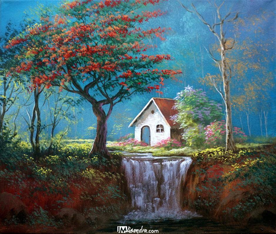 House in the Forest with Waterfalls - Acrylic Painting on Canvas by JMLisondra