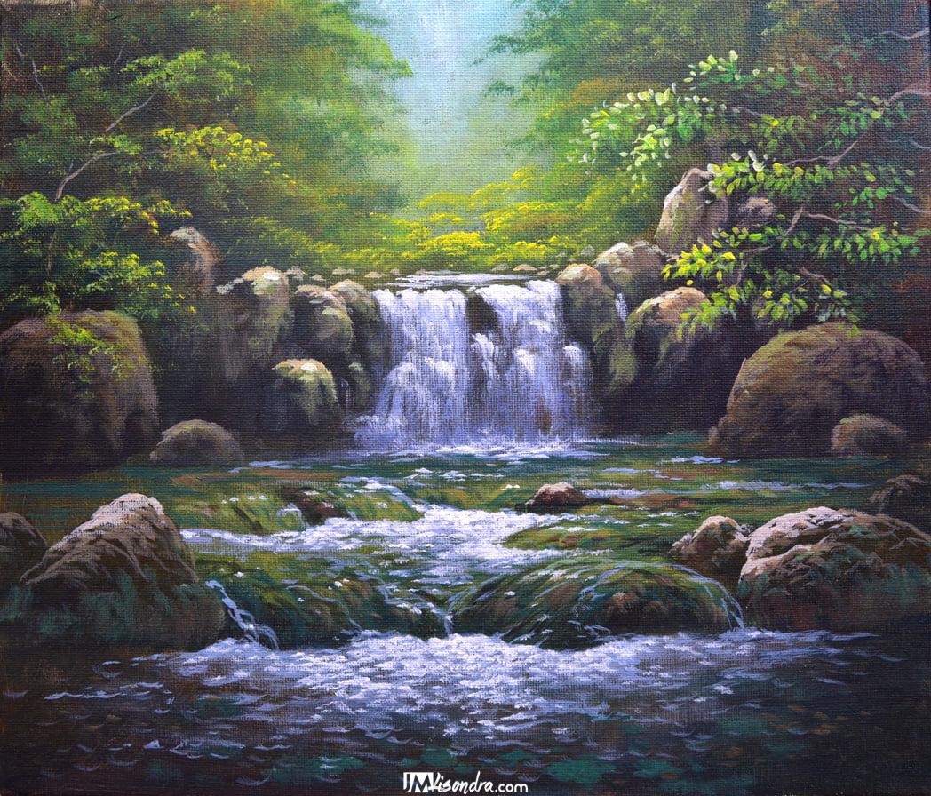 Waterfalls and Rushing River in the Forest - Acrylic Painting on Canvas 1 Waterfalls and Rushing River in the Forest - Acrylic Painting on Canvas