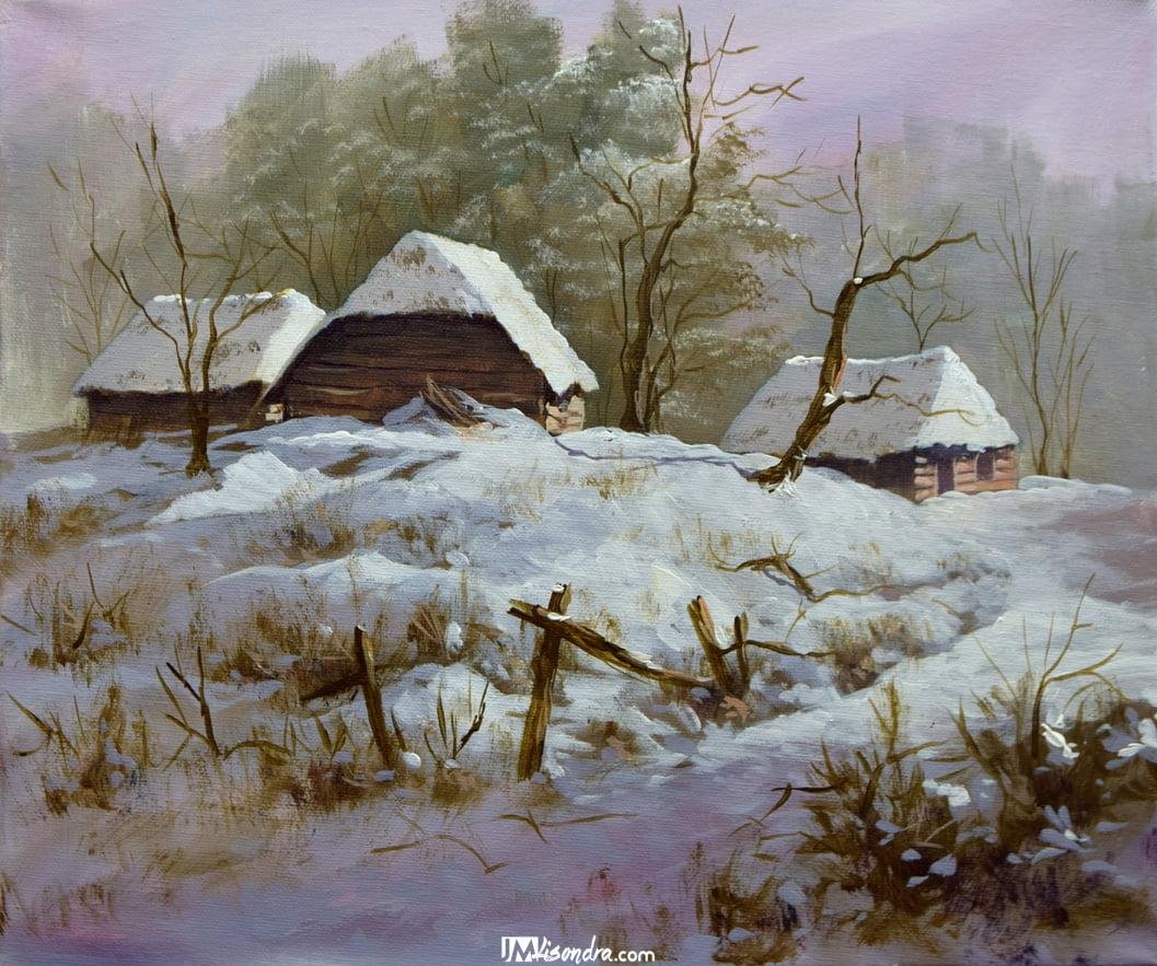Winter Village - Acrylic Painting on Canvas by JMLisondra 1 Winter Village - Acrylic Painting on Canvas by JMLisondra
