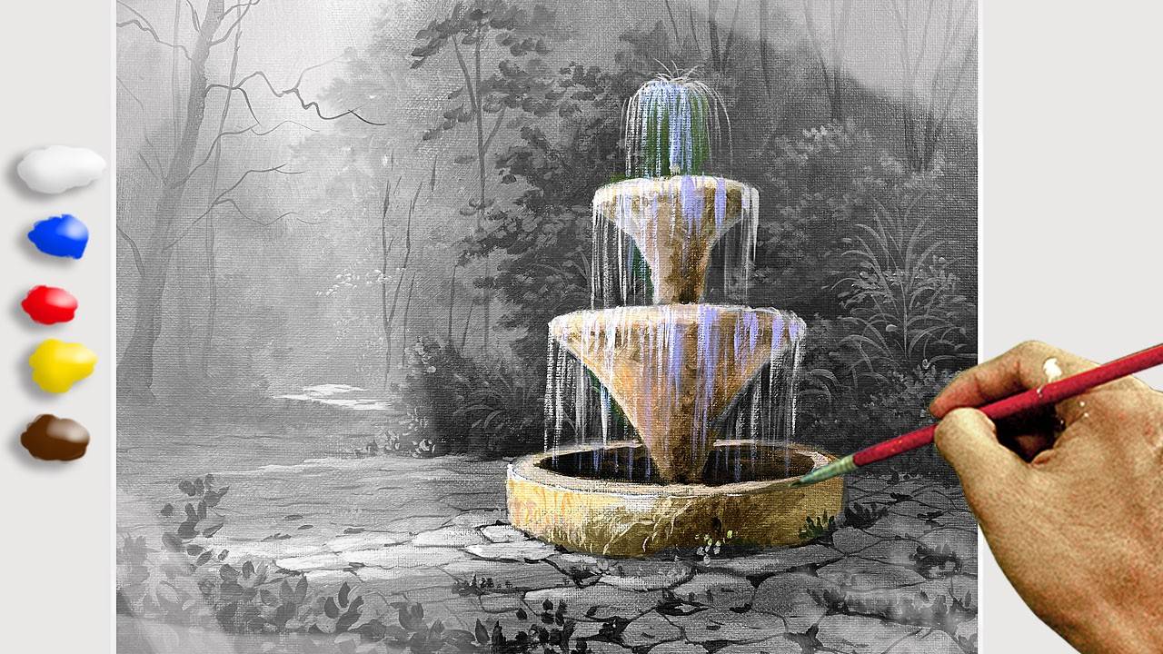 How to Paint Fountain in the Forest in Acrylics / Time-lapse / JMLisondra