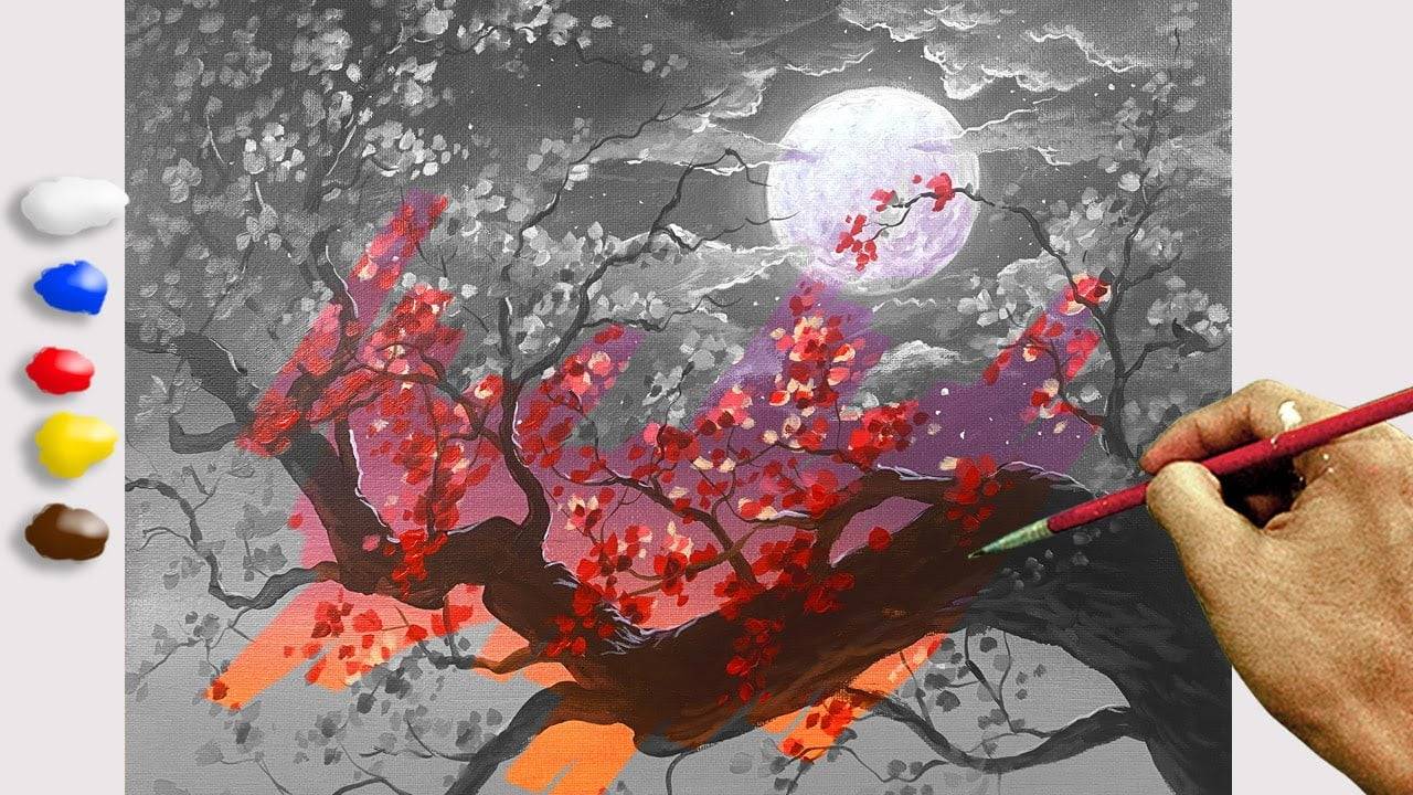 How to Paint Moon Light on Cherry Blossoms in Acrylics / Time-lapse / JMLisondra