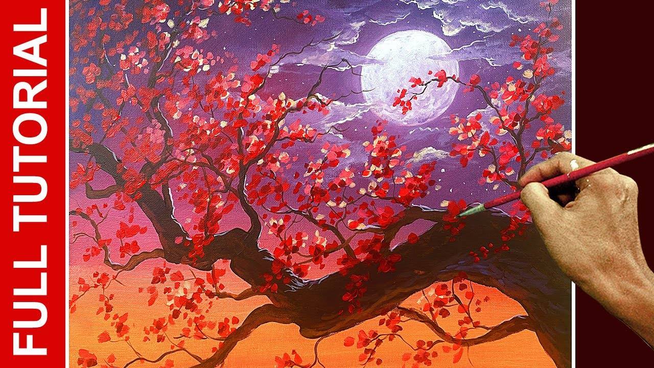 Tutorial : How to Paint Cherry Blossoms on Moon Rise in Acrylics / JMLisondra