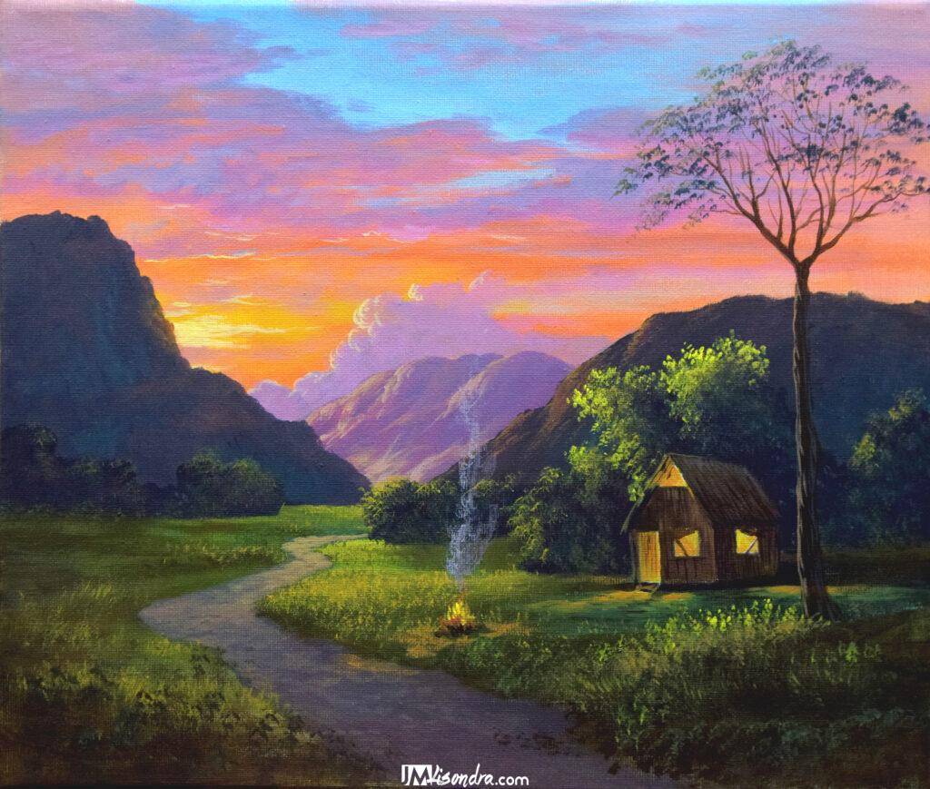 Sunset with native house - Acrylic Painting in Canvas by JMLisondra