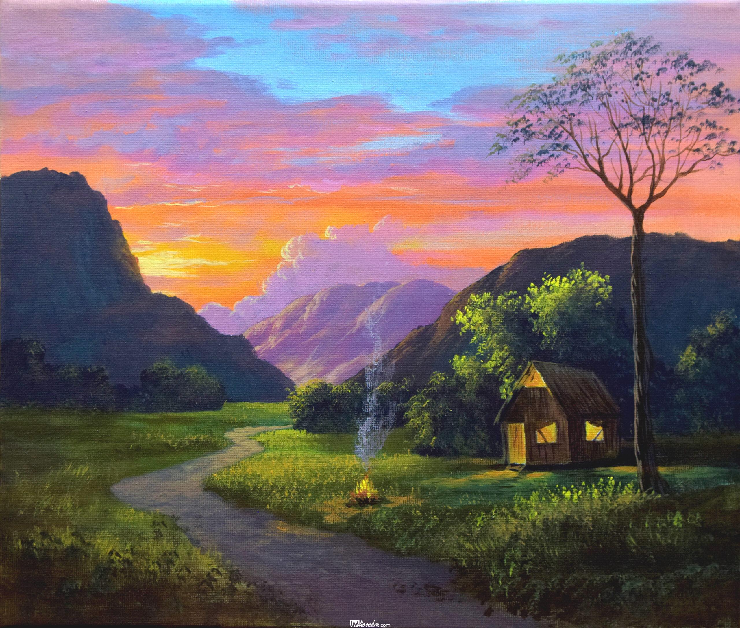 Sunset with native house - Acrylic Painting in Canvas by JMLisondra 1 Sunset with native house - Acrylic Painting in Canvas by JMLisondra