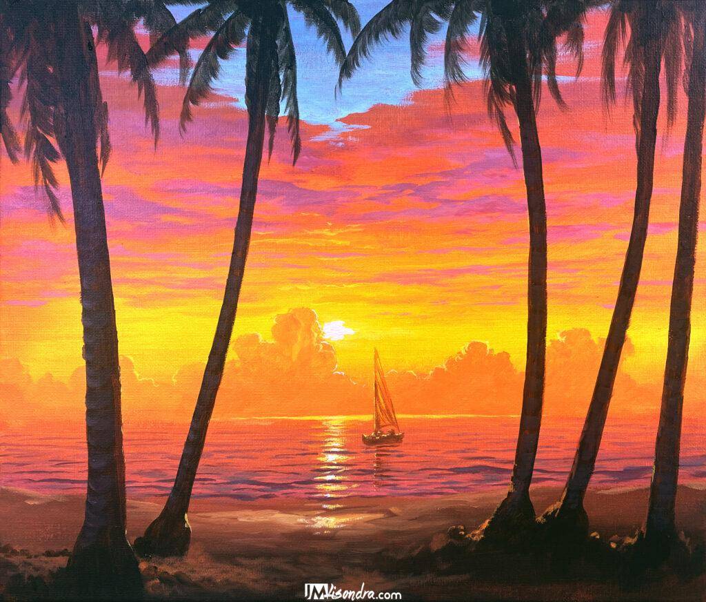 Tropical Sunrise Beach - Acrylic Painting in Canvas by JMLisondra