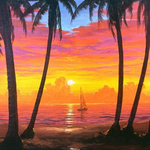 Tropical Sunrise Beach - Acrylic Painting in Canvas by JMLisondra