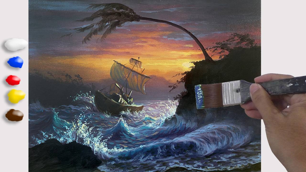 How to Paint Boat in Stormy Beach in Acrylics / Time-lapse / JMLisondra