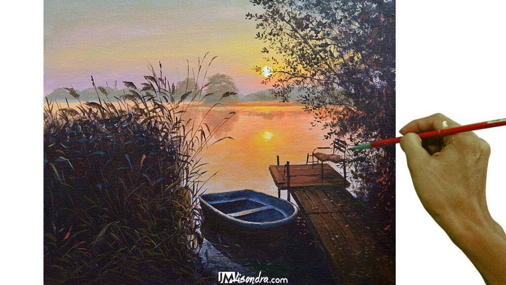 How to Paint Old Boat in the Lake - Full Step by Step Painting Tutorial in Acrylics
