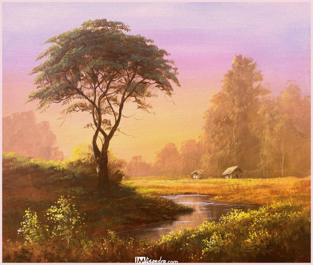 Tree in the Misty Autumn Landscape - Acrylic Painting in Canvas by JMLisondra