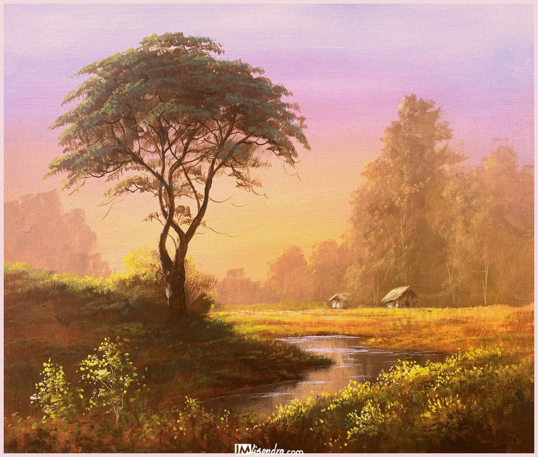 Tree in the Misty Autumn Landscape - Acrylic Painting in Canvas by JMLisondra 1 Tree in the Misty Autumn Landscape - Acrylic Painting in Canvas by JMLisondra