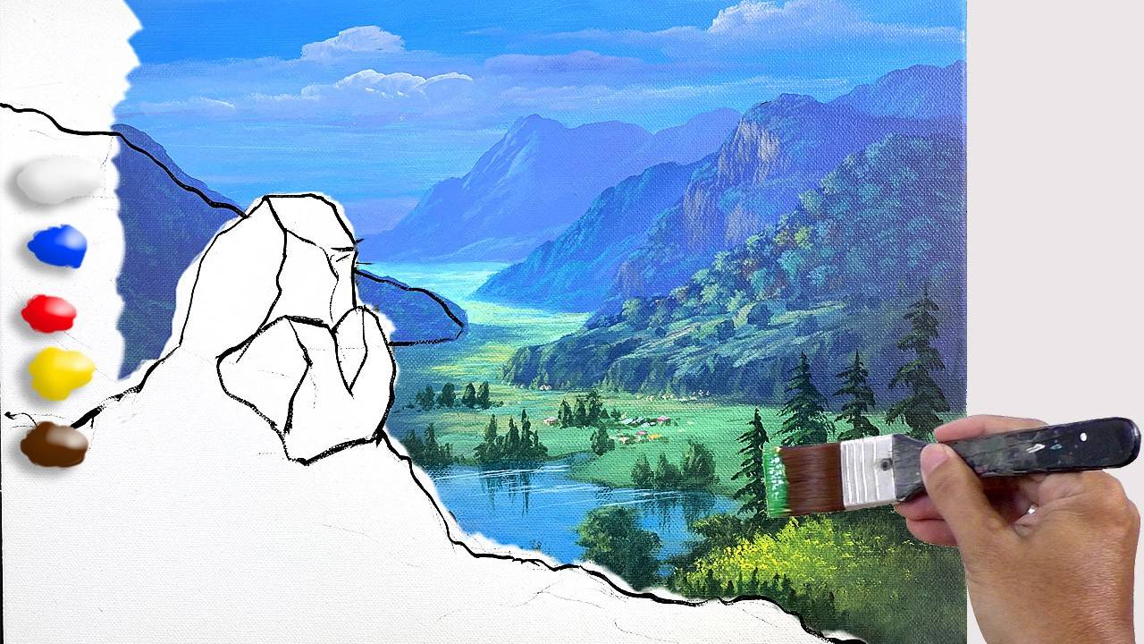 How to Paint Overlooking Lake in Acrylics / Time-lapse / JMLisondra