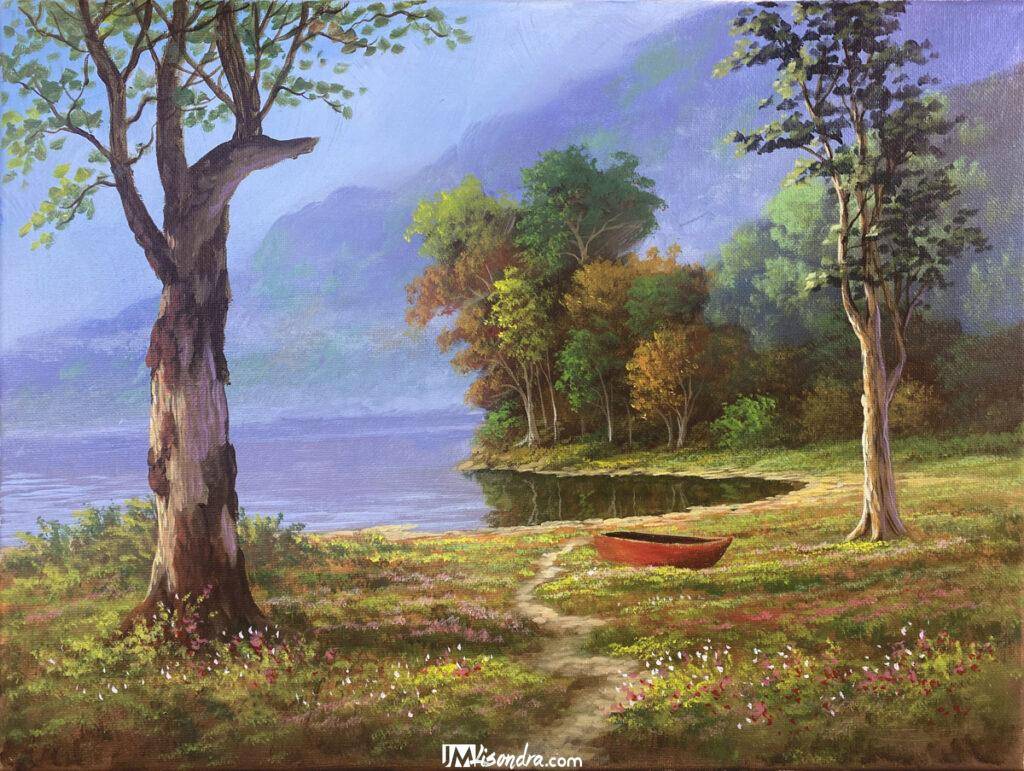 Boat Beside the Lake - Acrylic Painting in Canvas by JMLisondra