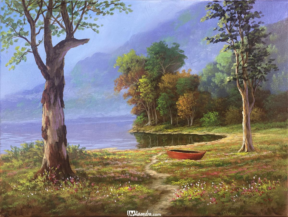 Boat Beside the Lake - Acrylic Painting in Canvas by JMLisondra 1 Boat Beside the Lake - Acrylic Painting in Canvas by JMLisondra