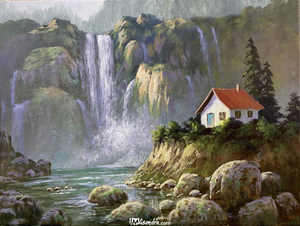 House beside the waterfalls - Acrylic Painting in Canvas by JMLisondra