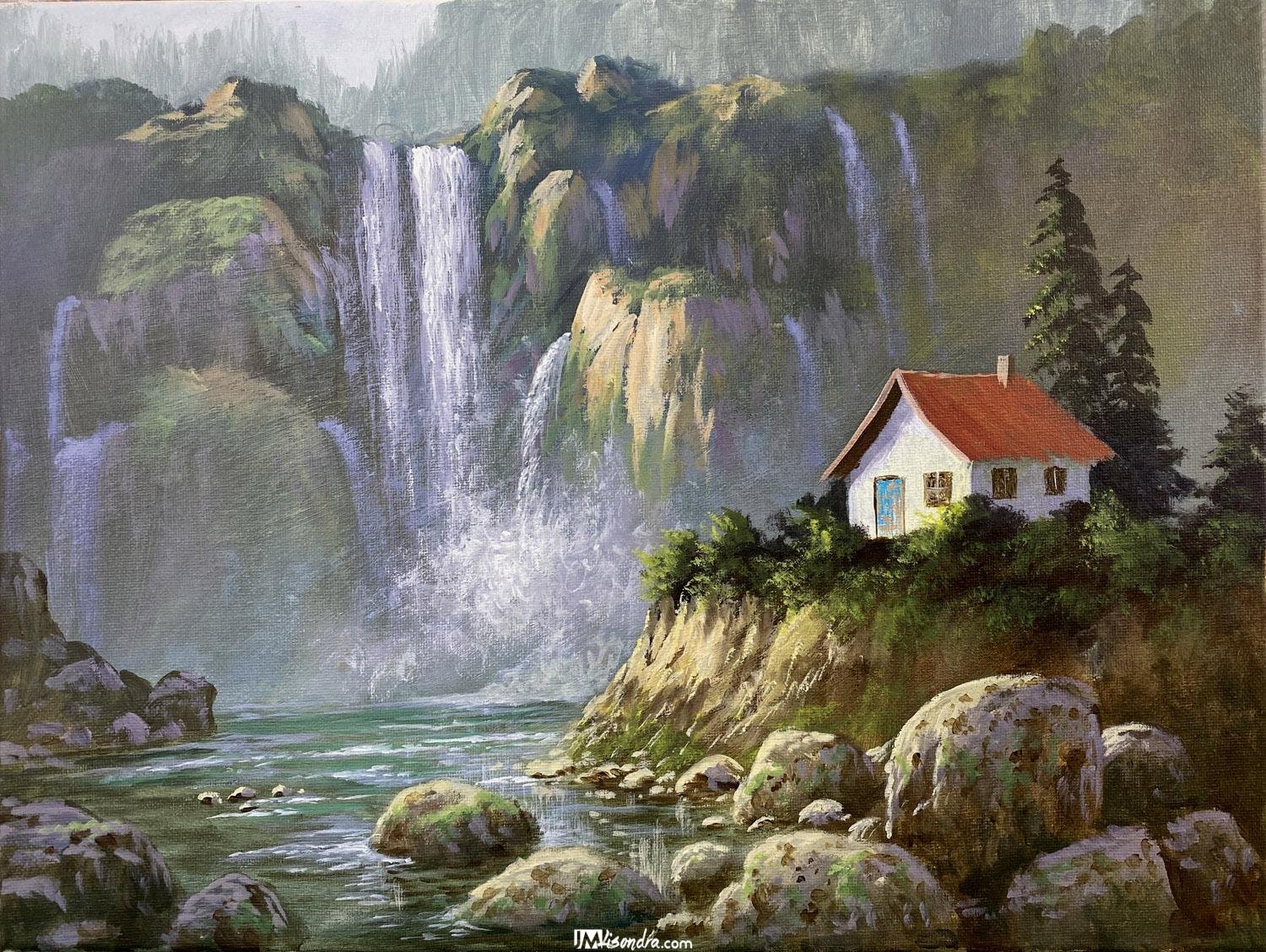 House beside the waterfalls - Acrylic Painting in Canvas by JMLisondra 1 House beside the waterfalls - Acrylic Painting in Canvas by JMLisondra
