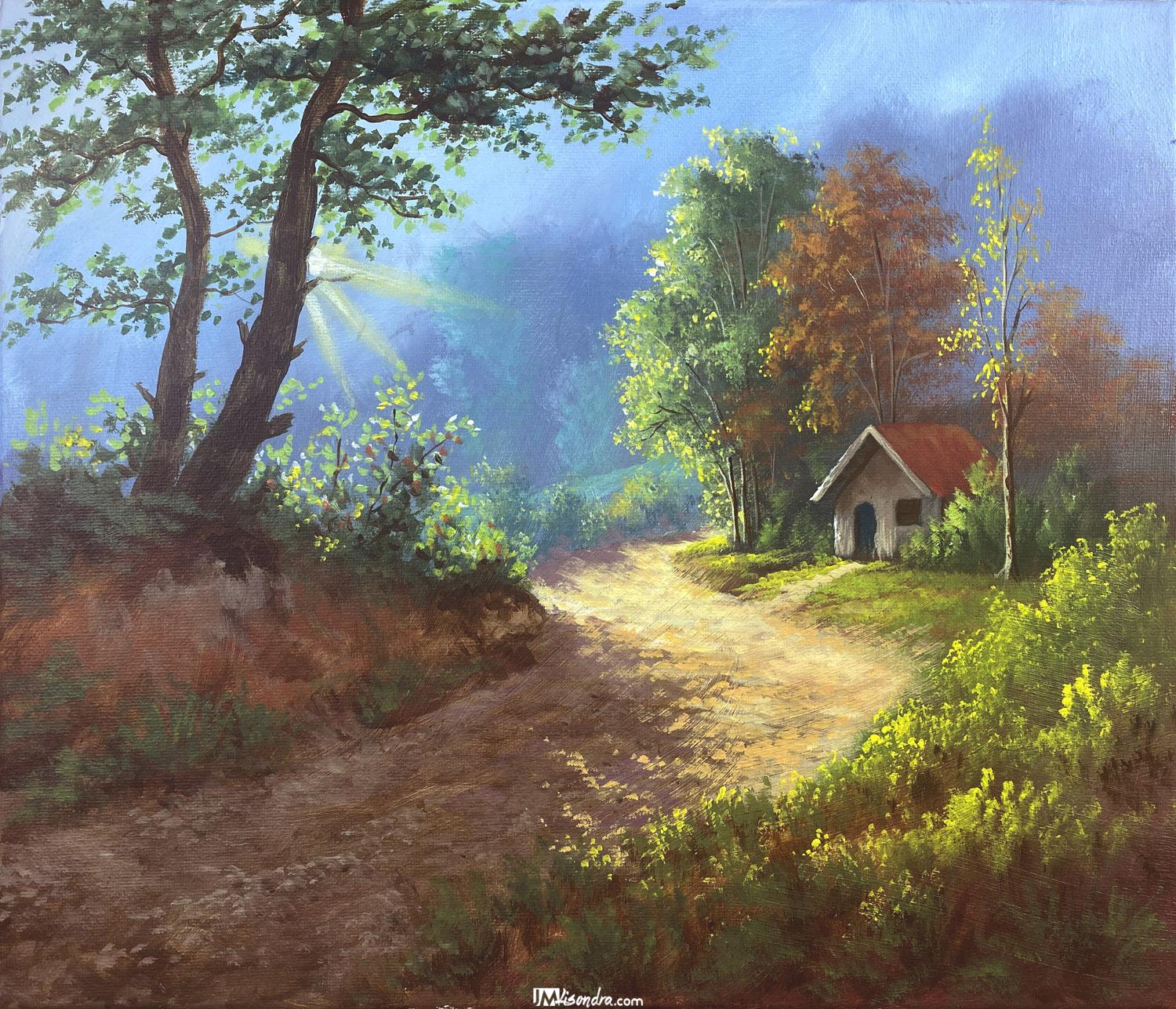 Morning Lights on Mountain Road - Acrylic Painting in Canvas by JMLisondra 1 Morning Lights on Mountain Road - Acrylic Painting in Canvas by JMLisondra