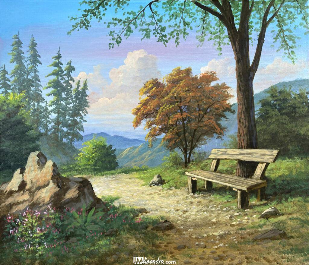 Old Bench - Acrylic Painting in Canvas by JMLisondra