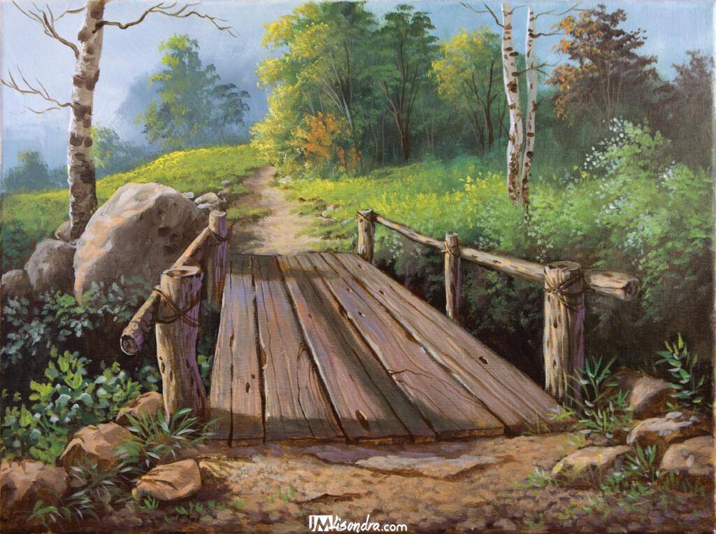 Wooden Bridge - Acrylic Painting in Canvas by JMLisondra