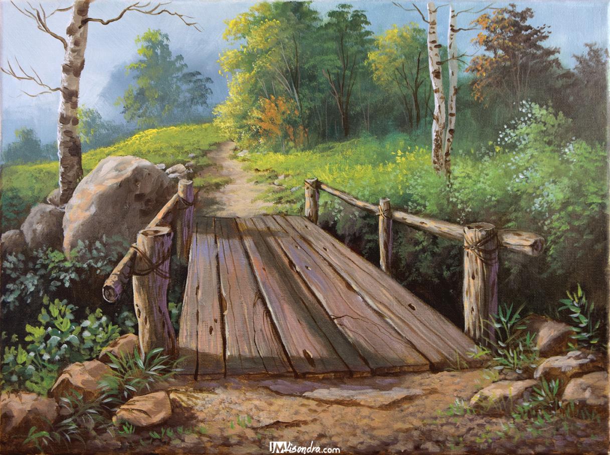 Wooden Bridge - Acrylic Painting in Canvas by JMLisondra 1 Wooden Bridge - Acrylic Painting in Canvas by JMLisondra