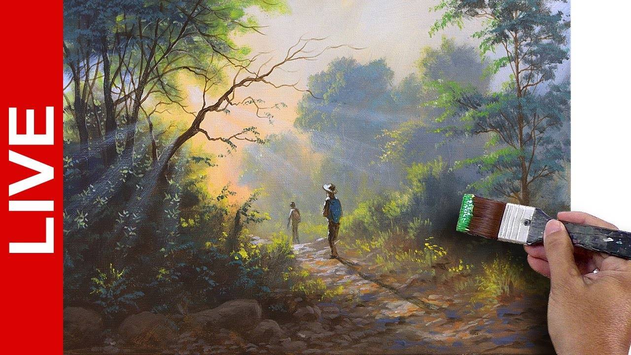 LIVE / Forest Landscape Painting / 2 Backpackers / Acrylics / JMLisondra