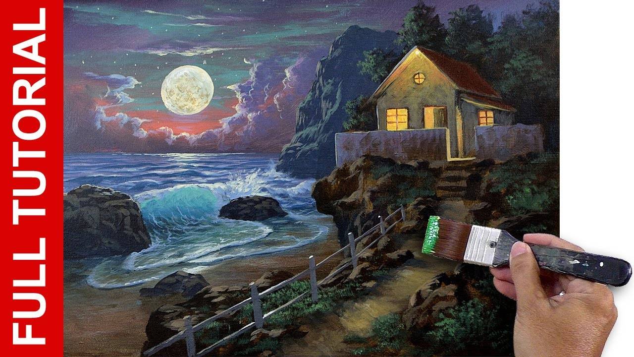 LIVE | Landscape Painting in Acrylics | Moon light | FULL TUTORIAL | JMLisondra