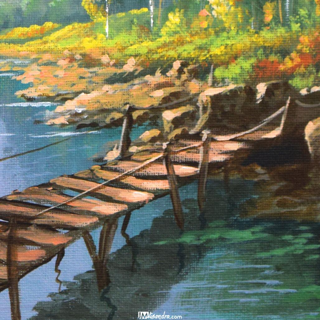 Wooden Bridge in the River - Acrylic Painting in Canvas by JMLisondra 2 Wooden Bridge in the River - Acrylic Painting in Canvas by JMLisondra - Image 2