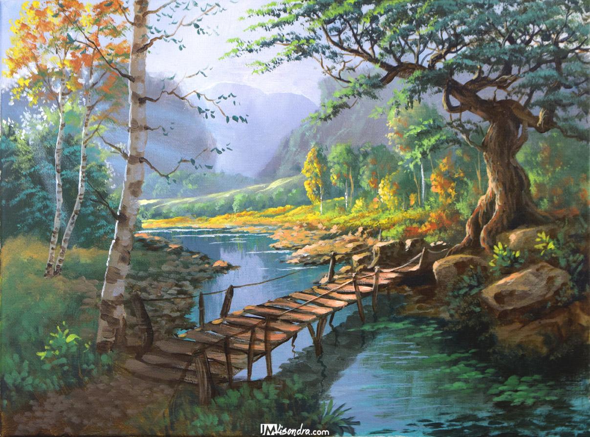 Wooden Bridge in the River - Acrylic Painting in Canvas by JMLisondra 1 Wooden Bridge in the River - Acrylic Painting in Canvas by JMLisondra