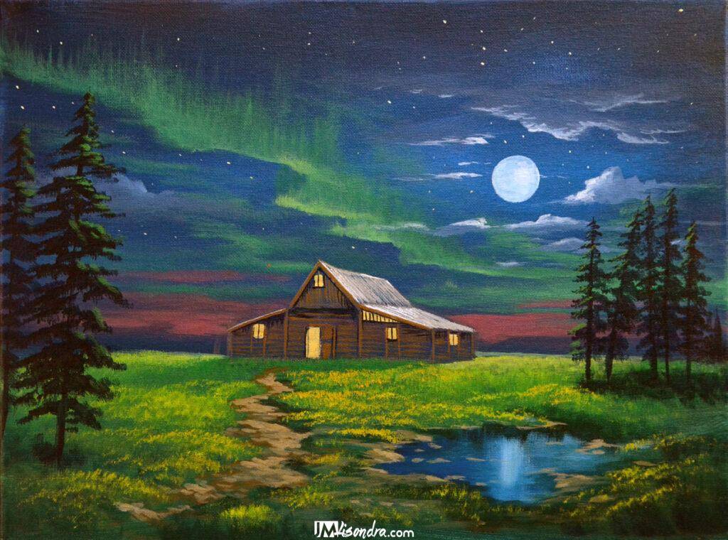 Cabin in Moonlight - Acrylic Painting in Canvas by JMLisondra