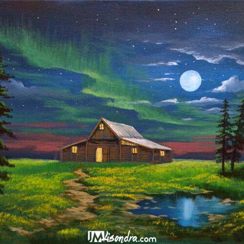 Cabin in Moonlight - Acrylic Painting in Canvas by JMLisondra 2 Cabin in Moonlight - Acrylic Painting in Canvas by JMLisondra
