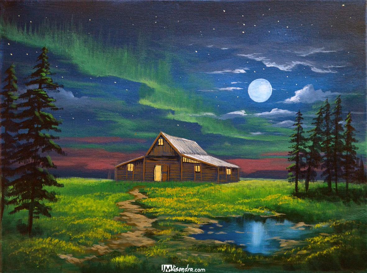 Cabin in Moonlight - Acrylic Painting in Canvas by JMLisondra 1 Cabin in Moonlight - Acrylic Painting in Canvas by JMLisondra